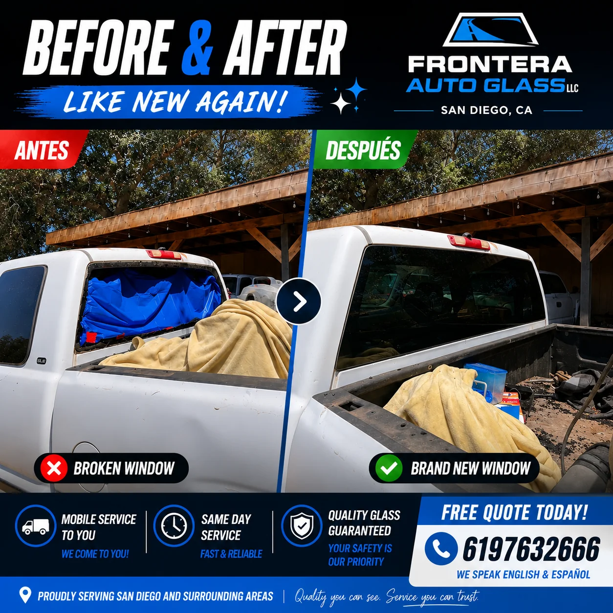 Frontera Auto Glass before & after — windshield replacement